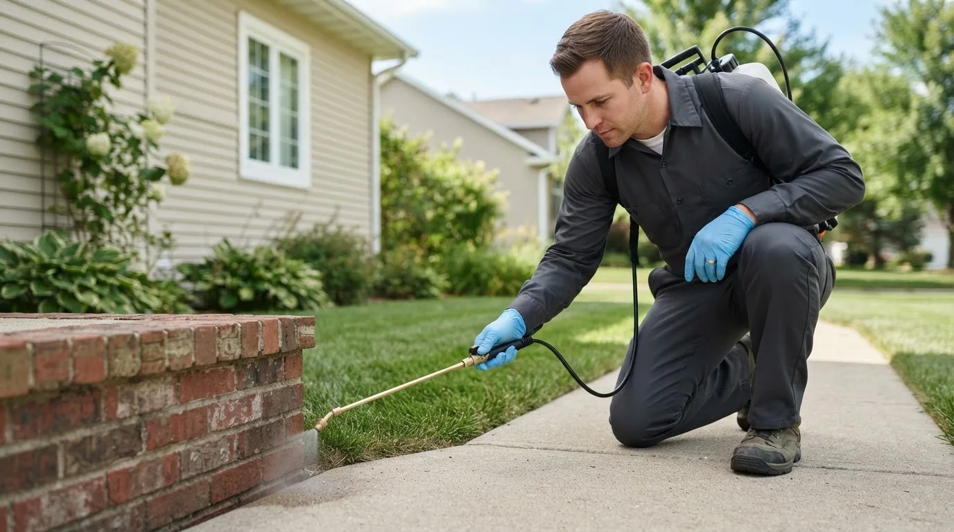 Pest control technician treating a home near Patterson, MO